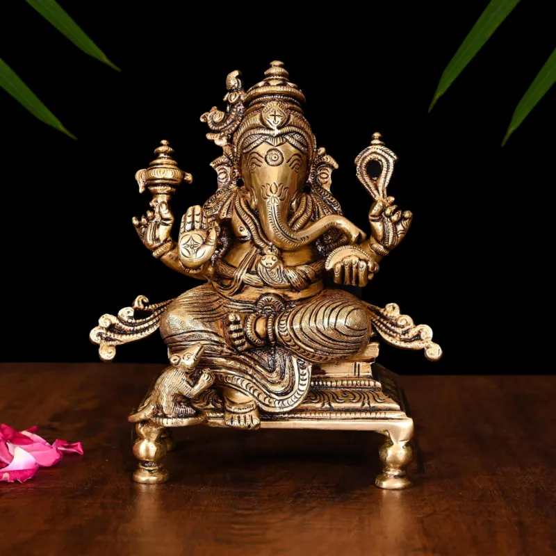 Brass Superfine Chowki Ganesha Idol (6.5 INCH)