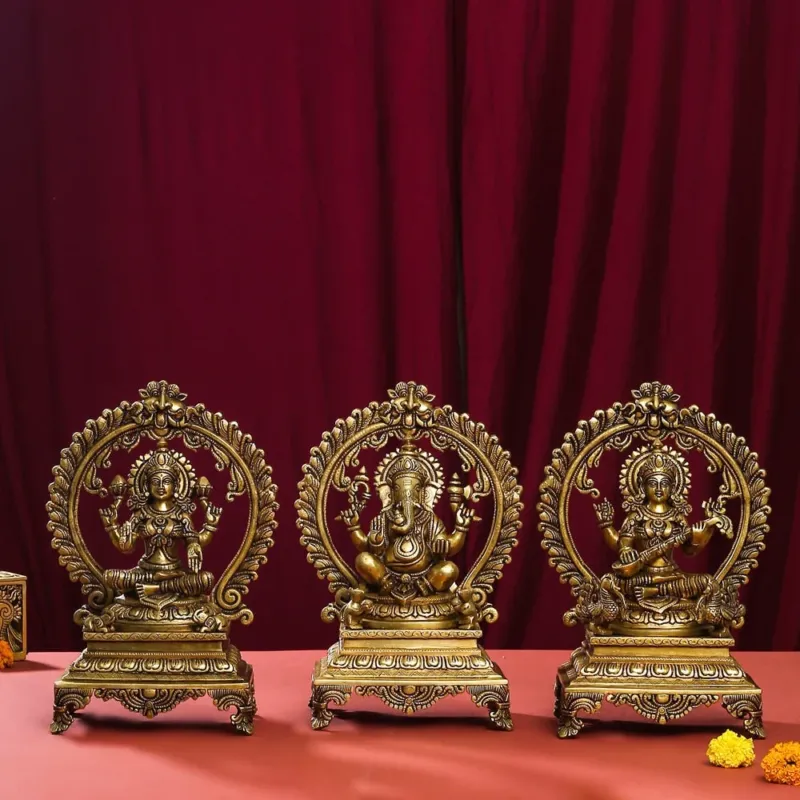 Brass Superfine Lakshmi, Ganesha And Saraswathi On Throne Idol Set (14 INCH)