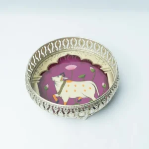 German Silver Cow Pichwai Round Tray – Enamel Coated Decorative Metal Tray