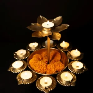 Gold-Plated Metal Urli with Diya and with a Lotus Candle Holder in tier two