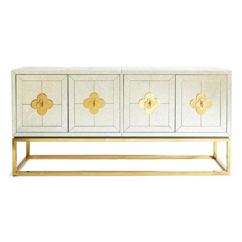 DELPHINE CREDENZA von Jonathan Adler mit antikisierter Spiegeloberfläche und Messinggestell