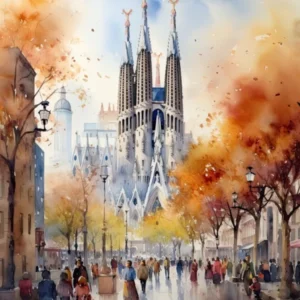Barcelona Spain In Autumn Fall, Watercolour 4
