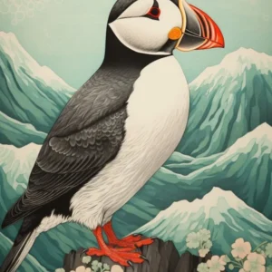 Ohara Koson Inspired Bird Painting Puffin 2