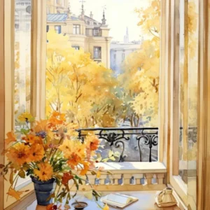 Window View Of Bucharest Romania In Autumn Fall, Watercolour 4
