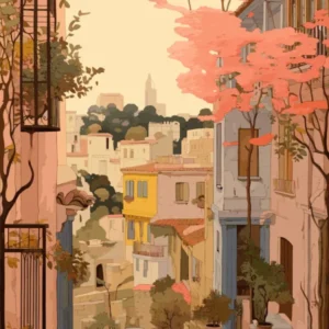 Athens Greece 3 Vintage Pink Travel Illustration