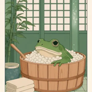 Japanese Frog In A Bathtub Print, Japanese Bathroom Wall Art, Japandi Art, Relaxing Poster, Japanese Wall Decor