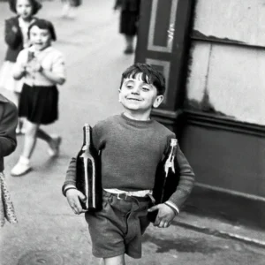 Boy With Bottle of Wine in Paris, Black and White Vintage Photo
