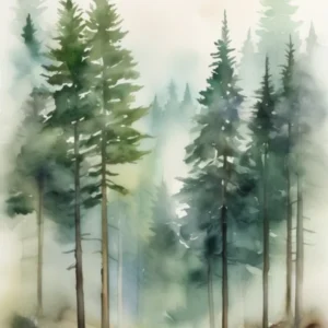 Appalachian Mountains of Misty Pines Watercolor Print of Evergreen Forest..137