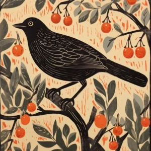Vintage Bird Linocut Blackbird 2