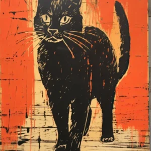 Black Cat, Woodblock Animal Drawing 5