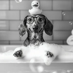 Dachshund Bath Wall Art, Dog And Rubber Duck Bath Tub, Pet Art, Black And White Print, Dog Owner Gift, Funny Dog Poster, Bathroom Wall Decor