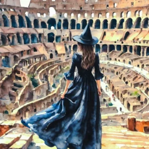 The Witch in Rome ~ A Witch Travels to the Colosseum - Ancient World Monument, Witchy Watercolor Artwork by Lyra the Lavender Witch - Pagan Fairytale Magical Art for Wicca, Wheel of the Year Gallery Wall