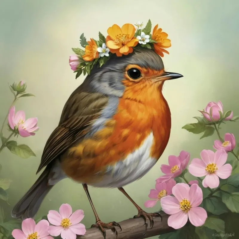 Bird With A Flower Crown European Robin 3