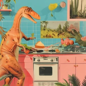 Dinosaur Baking In The Kitchen Retro Abstract Collage 2