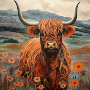 Watercolour & Pencil Floral Illustration Of Highland Cow
