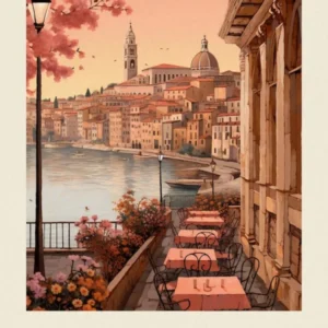 Nice France 4 Vintage Pink Travel Illustration Poster