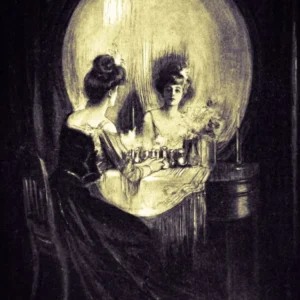All is Vanity - 1892 A Momento Mori Illusion by Charles Allen Gilbert, Visual Pun Satire Gothic Witchy Vintage Victorian Wall Decor Drawing of Skull and Lady at Dressing Table