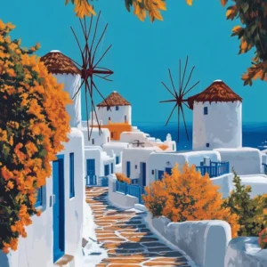 An illustration-style poster of Mykonos