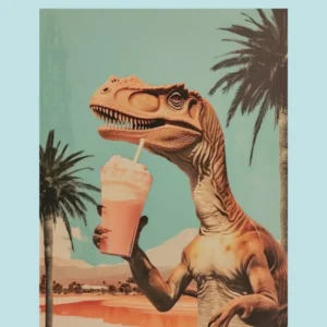 Dinosaur Drinking A Milkshake Retro Collage 2 Poster