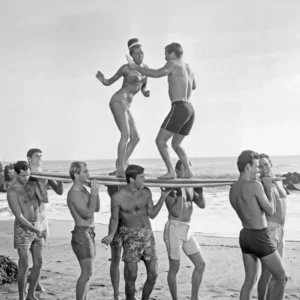 Dancing On Surfboard, Black and White Old Photo, Vintage Beach