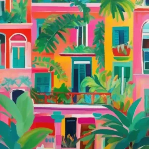 Colorful building and tropical plants