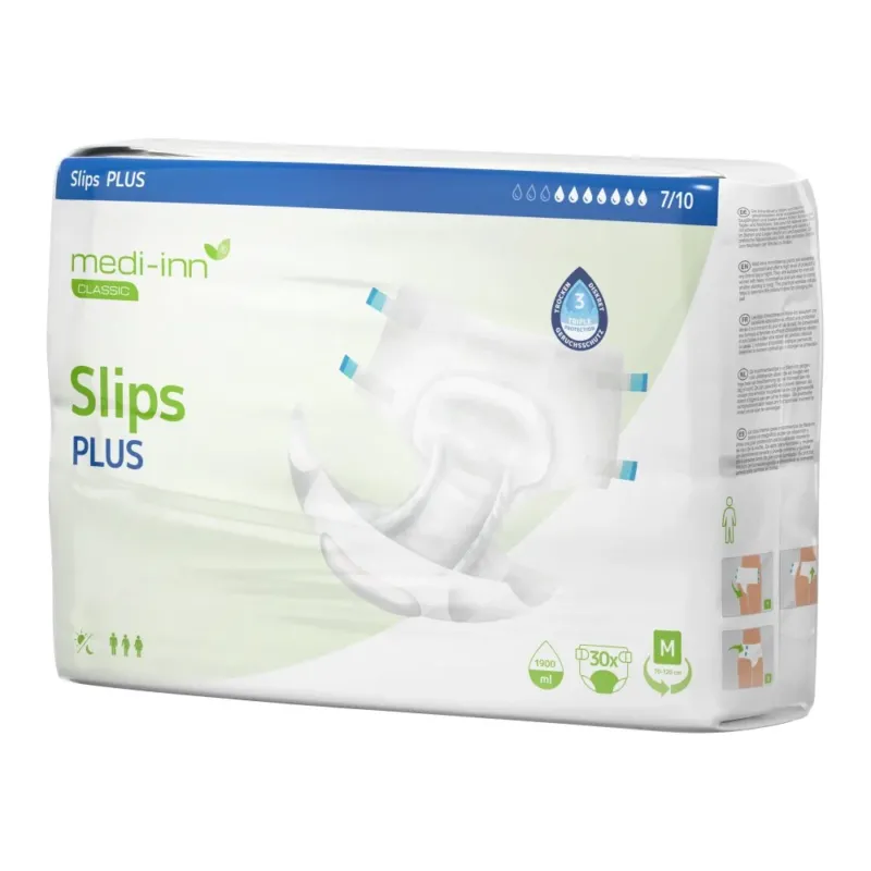 Verpackung der Medi-Inn Classic Inkontinenz-Slips PLUS in Größe M. Die Verpackung ist weiß mit grünen und blauen Akzenten, zeigt ein Produktbild des Slips und enthält Symbole für Unisex-Passform, Saugvolumen (2450 ml) und Klettverschlüsse.