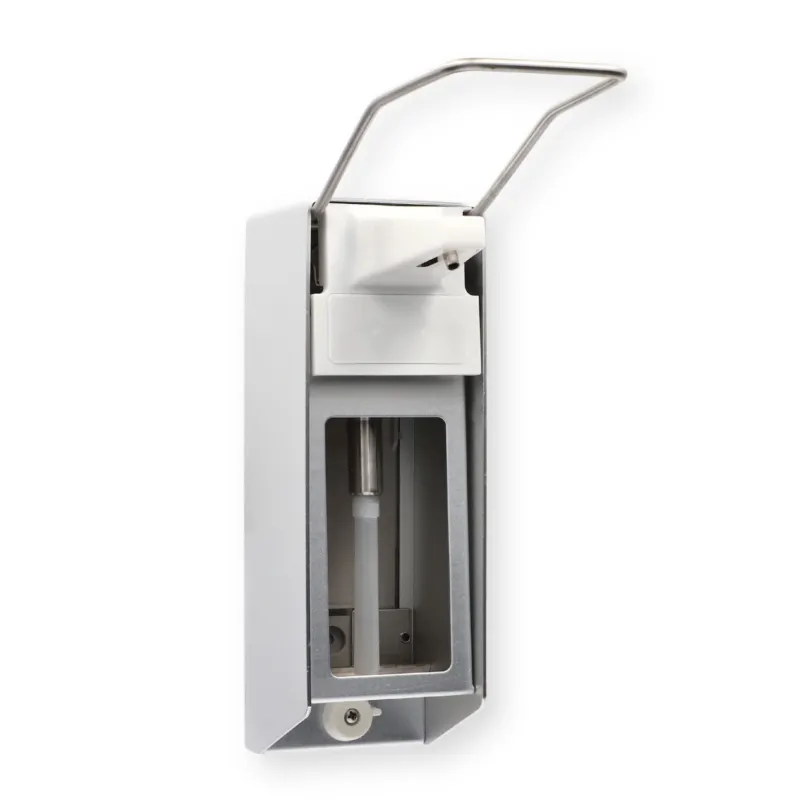 Seitliche Ansicht eines Medi-Inn Wandspenders Aluminium mit Langarmhebel 500 ml.
