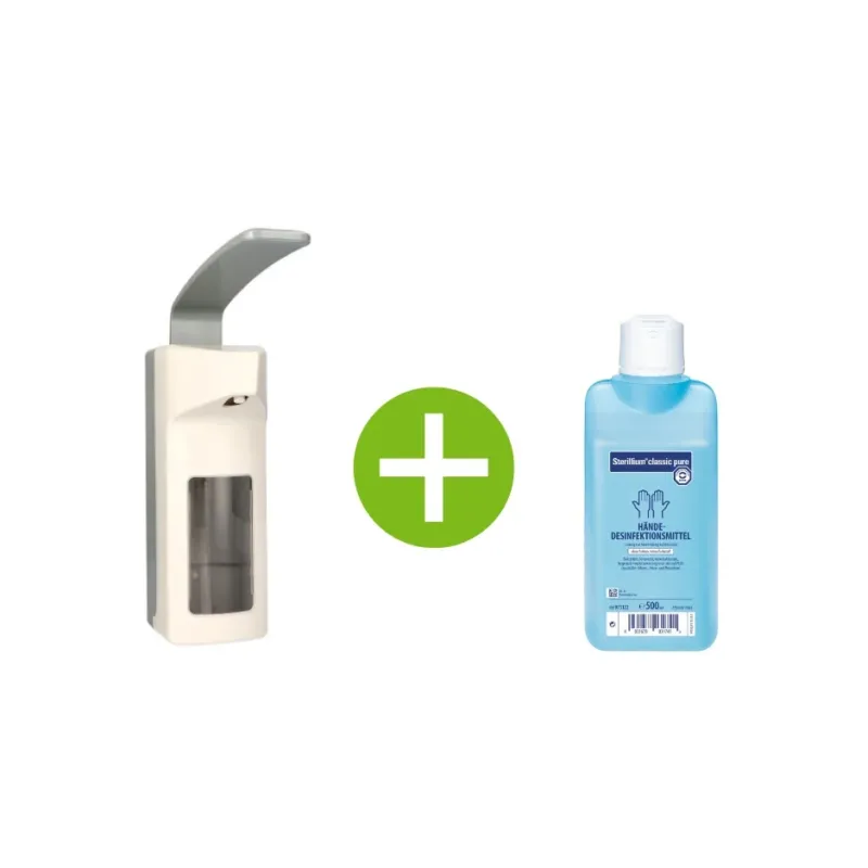 Medi-Inn Wandspender Kunststoff, Langarmhebel, für 500 ml Euroflaschen + Bode Sterillium classic pure Händedesinfektion 500 ml