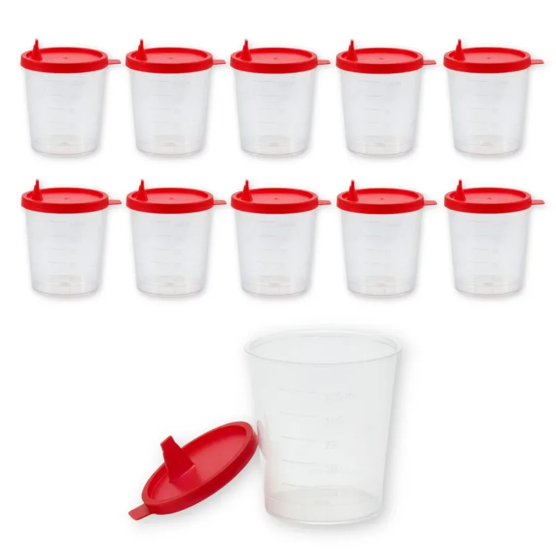 Frontalansicht der Medi-Inn Urinbecher mit rotem Schnappdeckel.