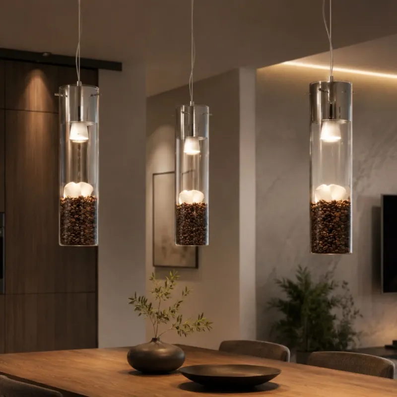 s.luce MyLight Hängeleuchte mit Schauzylinder 40cm schwarz mit Kaffeebohnen in modernem Esszimmer