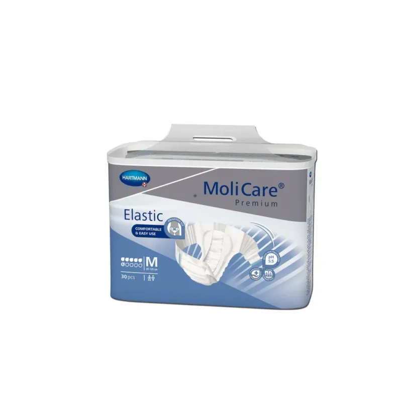 Produktbild von Molicare Premium Elastic, Größe M, mit 6 Tropfen. Die Verpackung zeigt eine attraktive, gut sichtbare Produktabbildung und ist in Blau- und Grüntönen gehalten. Auf der Vorderseite sind die wichtigsten Merkmale wie „Premium Elastic“ und die Tropfenskala zur Absorptionsstärke deutlich lesbar. Im Hintergrund ist ein sanftes, strukturiertes Muster zu erkennen, das die Hochwertigkeit des Produkts unterstreicht.