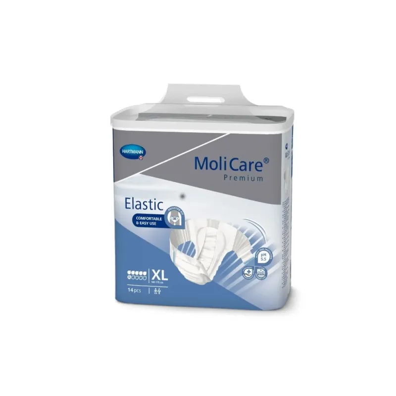 Auf dem Bild ist die Verpackung des Produkts "Molicare Premium Elastic" zu sehen, das in der Größe XL erhältlich ist. Die Packung zeigt eine helle, ansprechende Gestaltung mit einem blauen Akzent. Auf der Vorderseite sind wichtige Informationen wie die Produktbezeichnung und die Anzahl der Tropfen (6) deutlich abgebildet. Im Hintergrund sind weiche Texturen angedeutet, die für Komfort stehen.