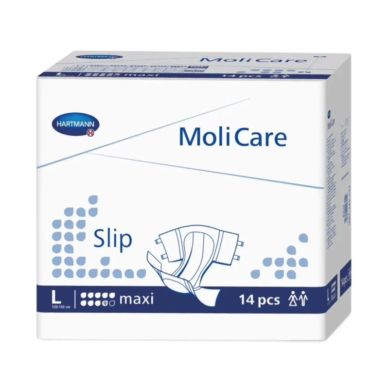 Produktbild eines MoliCare Slip Maxi in Größe M, das auf einem weißen Hintergrund präsentiert wird. Die Packung zeigt ein hellblaues Design mit klarer Kennzeichnung des Produkts. Auf der Frontseite sind die Produktbezeichnung "MoliCare Slip Maxi" und die Größe "M" deutlich sichtbar. Zudem sind Symbole für die Saugstärke, den Komfort und die Eignung für Erwachsene abgebildet. Die Packung wirkt frisch und ansprechend, ideal für Kunden, die nach zuverlässiger Inkontinenzschutz suchen.