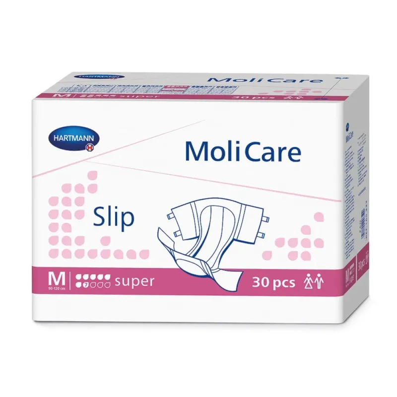 Produktbild eines MoliCare Slip Super Inkontinenzproduktes in der Größe M. Die Packung ist blau und silber mit weißen Schriftzügen, die den Produktnamen und wichtige Informationen angeben. Im oberen Bereich der Packung ist das MoliCare-Logo gut sichtbar. Auf der Vorderseite sind zudem Grafiken, die die Eigenschaften des Produkts hervorheben, wie z.B. die hohe Saugfähigkeit (7 Tropfen) und eine sichere Passform. Der Hintergrund ist neutral, wodurch das Produkt klar hervorsticht.