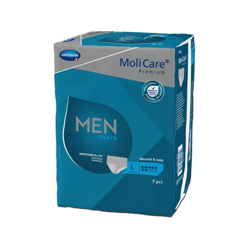 Auf dem Produktbild sind die MoliCare Men Pants in der Größe L zu sehen. Die Unterlagen sind in einer neutralen Umgebung platziert und kleben leicht an der Oberfläche. Die Pants sind in einem blauen Farbton gehalten und zeigen eine moderne, sportliche Gestaltung mit elastischen Beinausschnitten. Das Material wirkt atmungsaktiv und bietet hohen Tragekomfort. Der Artikel hat eine besonderen Schnitt für Männer, um eine optimale Passform zu gewährleisten.