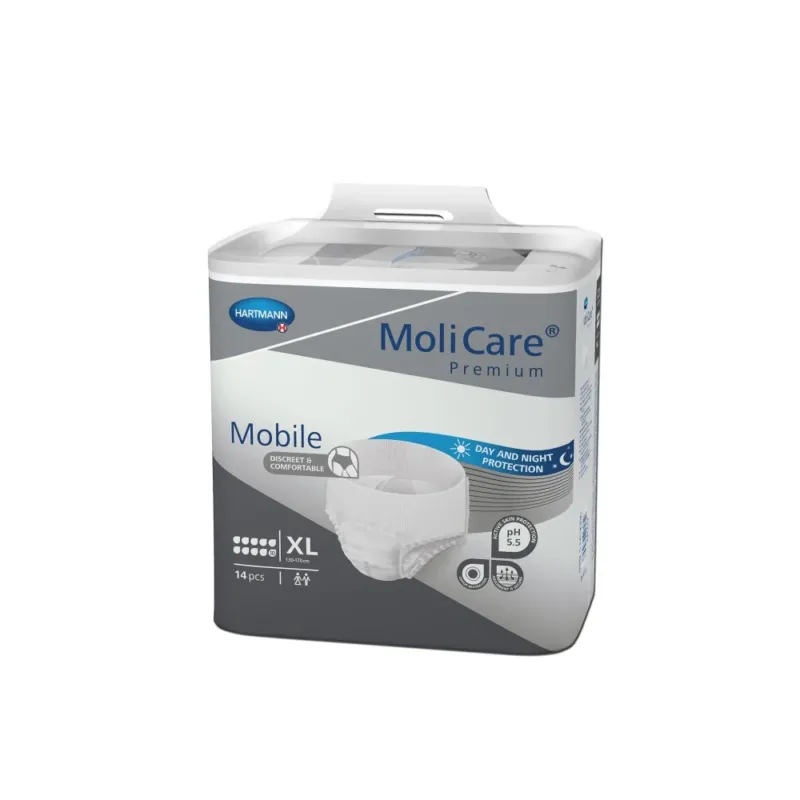 Molicare Premium Mobile 10 Tropfen XL – Produktpackung in einem hellen, klar strukturierten Design. Die Packung zeigt eine große, leicht erkennbare Abbildung des Produktnamens „Molicare Premium Mobile“ sowie die Anzahl der enthaltenen Tropfen (10) und die Größe „XL“. Farblich dominieren sanfte Blau- und Grüntöne, die Vertrauenswürdigkeit vermitteln. Im Hintergrund ist eine grafische Darstellung von stilisierten Tropfen zu sehen, die auf die hohe Saugfähigkeit des Produkts hinweisen.