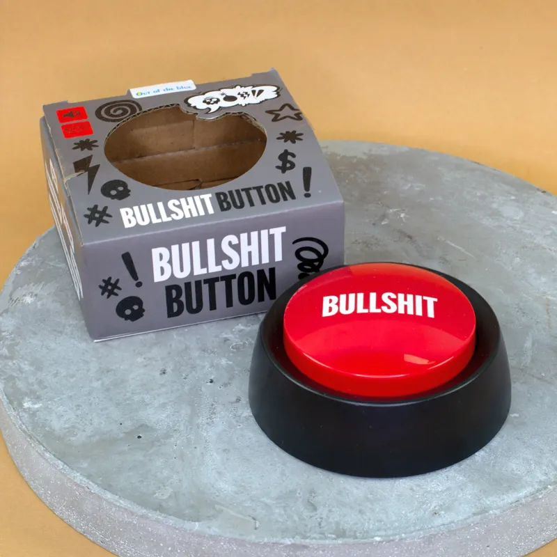Bullshit Button mit 6 Sounds als Scherzartikel in Rot und Schwarz mit Verpackung