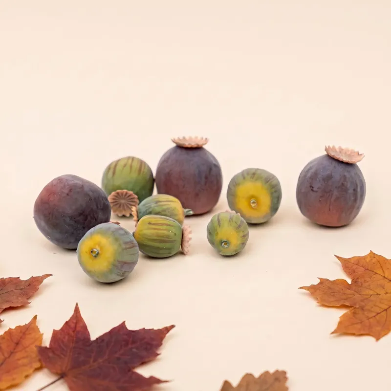 Artificial poppy flowers in green purple and brown, three different sizes, foam material