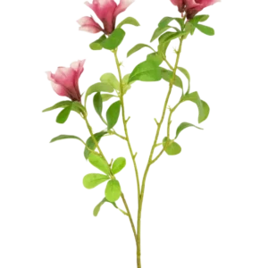 Eine einzelne künstliche Blume, Rhododendron-Azalea, 73 cm, fuchsiafarbener Stiel mit drei blühenden rosa Blüten und mehreren grünen Blättern auf weißem Hintergrund.