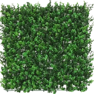 Die künstliche Buchsbaumhecke grün 50x50 cm UV ist eine quadratische Platte mit dichten künstlichen grünen Buchsbaumblättern, die von oben gesehen vor einem weißen Hintergrund eine üppige Hecke bilden.