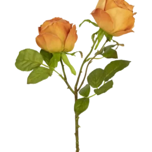 Die künstliche Rose Deluxe 55 cm Pfirsich hat zwei pfirsichfarbene Kunstrosen an einem Stiel mit grünen Blättern, ideal für die Blumendekoration oder als elegante Kunstblumen aus Seide.
