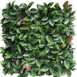 Die künstliche Hecke Photonia rot 50x50 cm UV ist ein quadratisches künstliches Heckenpaneel mit dichten grünen Blättern und vereinzelten rot getönten Büscheln, die alle auf einem weißen Hintergrund präsentiert werden.