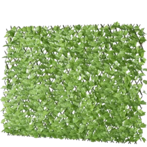 Die ausziehbare künstliche Efeu-Hecke 200 x 100 cm ist eine rechteckige, künstliche grüne Blattplatte auf einem Gitter, die einer grünen Hecke oder einem Sichtschutz ähnelt und vor einem weißen Hintergrund dargestellt wird.