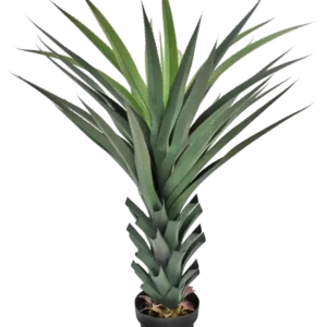 Die Kunstpflanze Agave Pandora UV 120 cm hat lange, spitze grüne Blätter, die sich von einem dicken, geschichteten Stiel vor einem schlichten weißen Hintergrund ausbreiten.