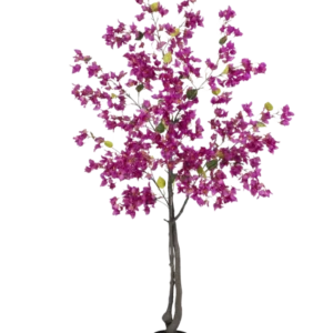 Die künstliche Bougainvillea 180 cm Lila hat dunkle Zweige, leuchtend lila Blüten und grüne Blätter in einem schwarzen Topf – perfekt als farbenfrohe Kunstpflanze für Ihr Wohnzimmer.