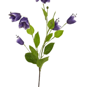 Der künstliche Blumen-Scheckenfalter 81 cm lila hat einen einzelnen Stiel mit mehreren grünen Blättern und lila glockenförmigen Blüten, dargestellt vor einem weißen Hintergrund.