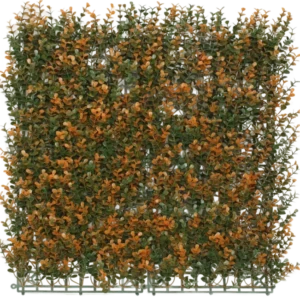 Die künstliche Hecke Buxus orange 50x50 cm UV ist eine quadratische Kunstplatte mit grünem und orangefarbenem Blattwerk auf einem Kunststoffgitter, ideal als dekorative Hecke oder Sichtschutz, hier vor einem schlichten weißen Hintergrund.