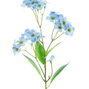 Vor einem schlichten weißen Hintergrund steht eine künstliche Blumenorchidee Real Touch Blue 50 cm mit zarten hellblauen Blütensträußen und einigen grünen Blättern.