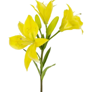 Die Kunstblume Asiatische Lilie 66 cm gelb hat einen Stiel mit mehreren blühenden gelben Lilien und ungeöffneten Knospen, spitze Blütenblätter mit dunklen Sprenkeln in der Mitte und grüne Blätter, alles vor einem weißen Hintergrund.