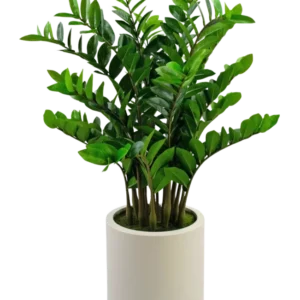 Die fertige Kunstpflanze Zamioculcas, 120 cm hoch mit glänzend grünen Blättern, steht aufrecht in einem schlichten beigen Topf vor einem schlichten weißen Hintergrund.